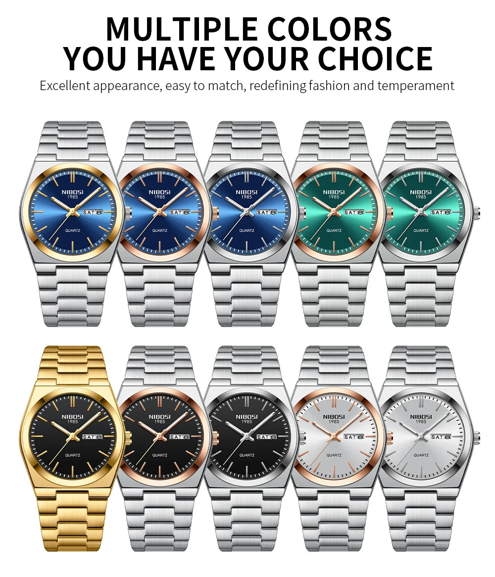 NIBOSI Luxury Watch For Man Waterproof Luminous Date Week Stainless Steel Men Watch Casual Quartz Men's Watches Male Clock+box
