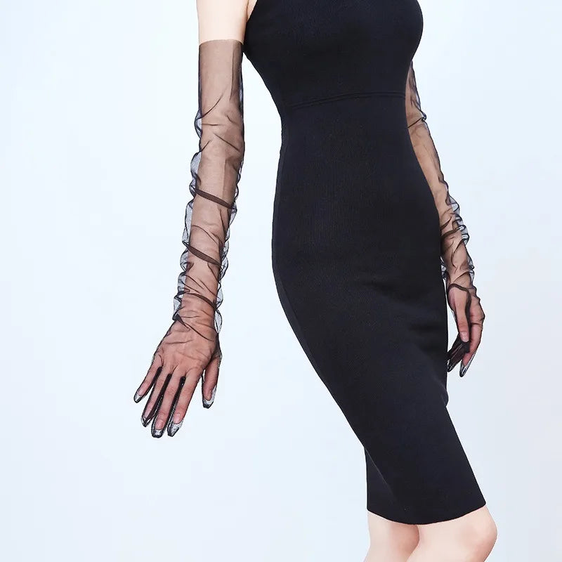Women Long Sheer Tulle Gloves for Bridal Wedding Accessories Party Transparent Finger Gloves