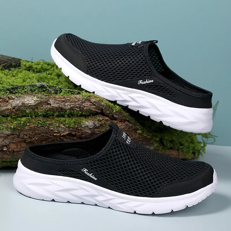 YRZL Mens Half Slippers Summer Breathable Mesh Mens Shoes Outdoor Casual Walking Shoes Large Flat Light Mesh Slippers Sandals - Shoppiline
