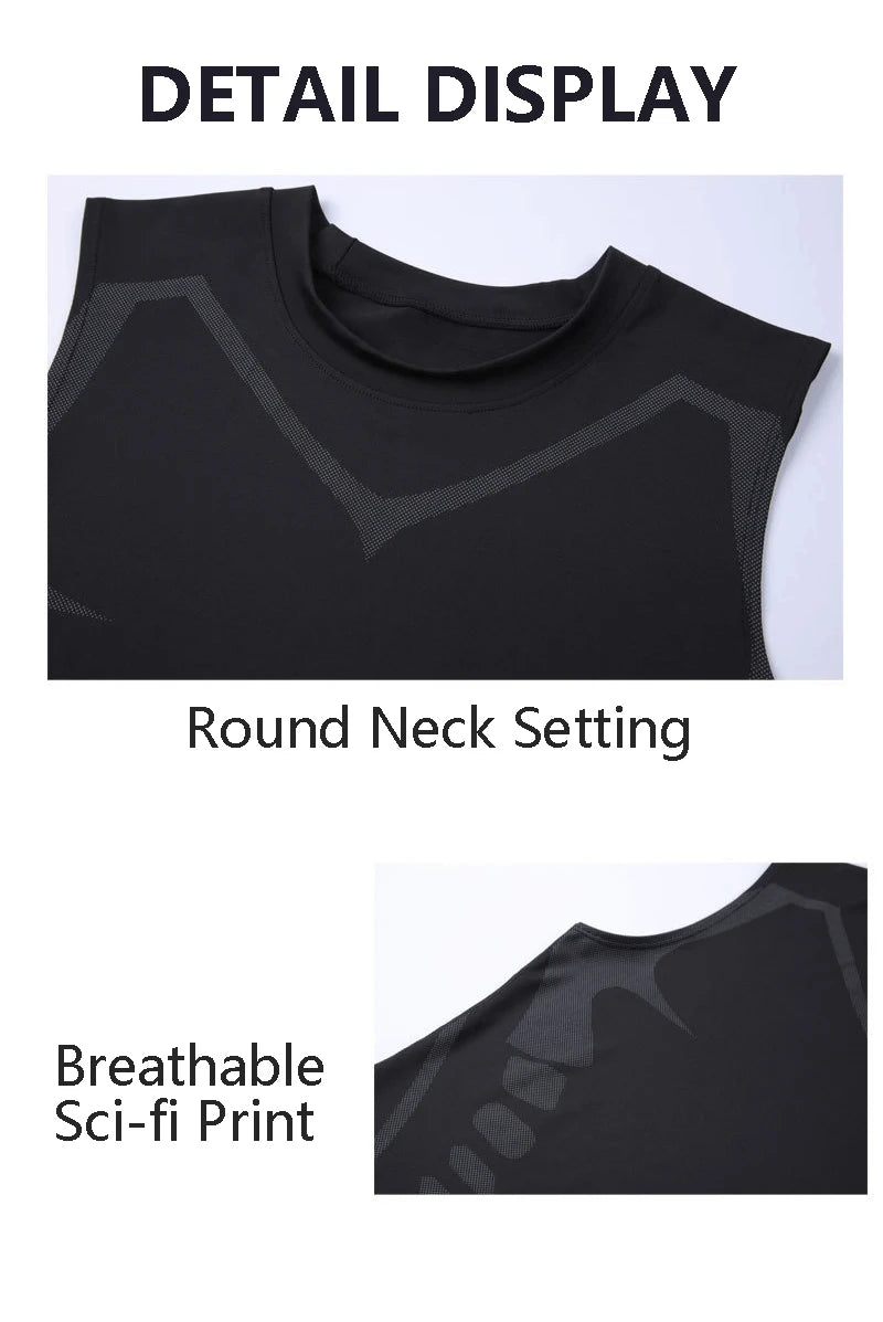 Herren Sci-Fi-bedrucktes schwarzes Tanktop, modisches und lässiges, schnelltrocknendes Herren-T-Shirt, elastisches Sport- und Fitness-Tanktop mit Rundhalsausschnitt