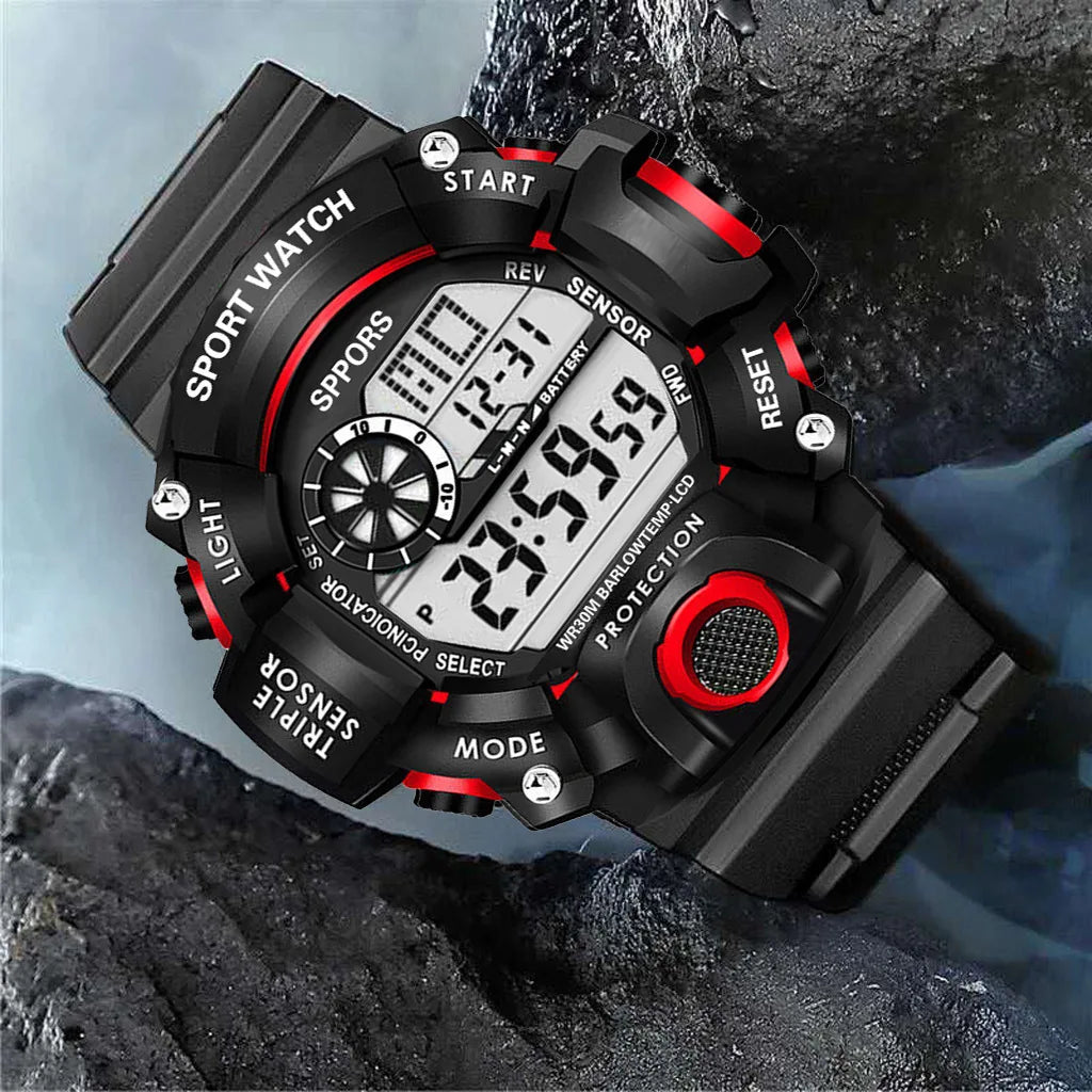 Mode Herrenuhr Sportliche elektronische Armbanduhr Großes Zifferblatt Multifunktional Wasserdicht Leuchtend Alarm Kinder Militäruhr für Herren
