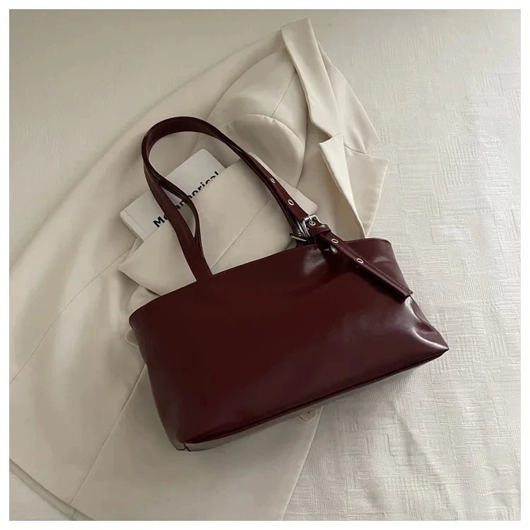 Solid-color Versatile Tote Bag for Women High-quality Suede Buckle-designed Bucket Commuter Bag