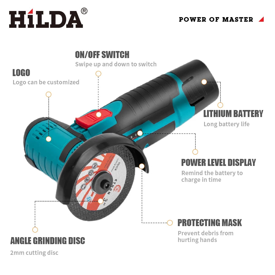 HILDA 12v Mini Angle Grinder Rechargeable Grinding Tool Polishing Grinding Machine For Cutting Diamond Cordless Power Tools - Shoppiline