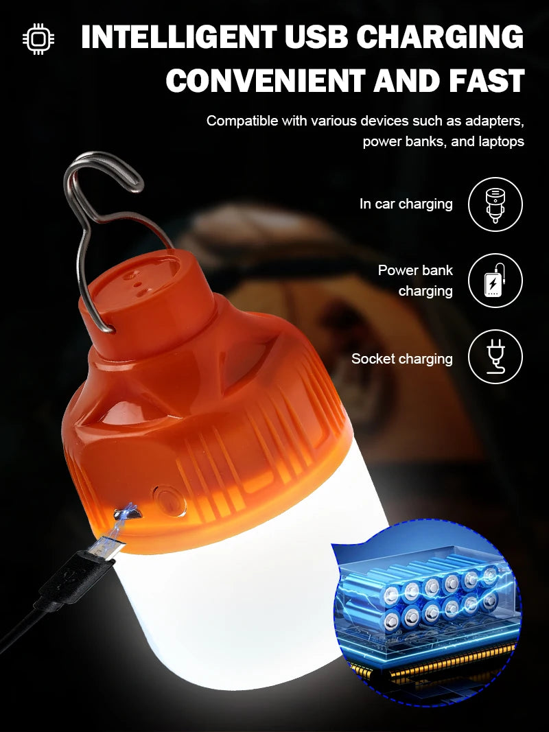 Outdoor USB Rechargeable LED Lamp Bulbs Super Bright Emergency Light with Hook Portable Camping Fishing Lantern Night Lights