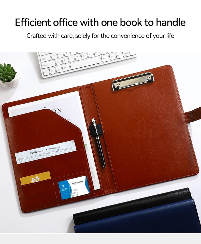 1Pc Texture PU Leather Multi-Functional Folder A4 Clip Pen Holder Card Slots - Business Office Meeting Organizer for Bank/Sales - Shoppiline