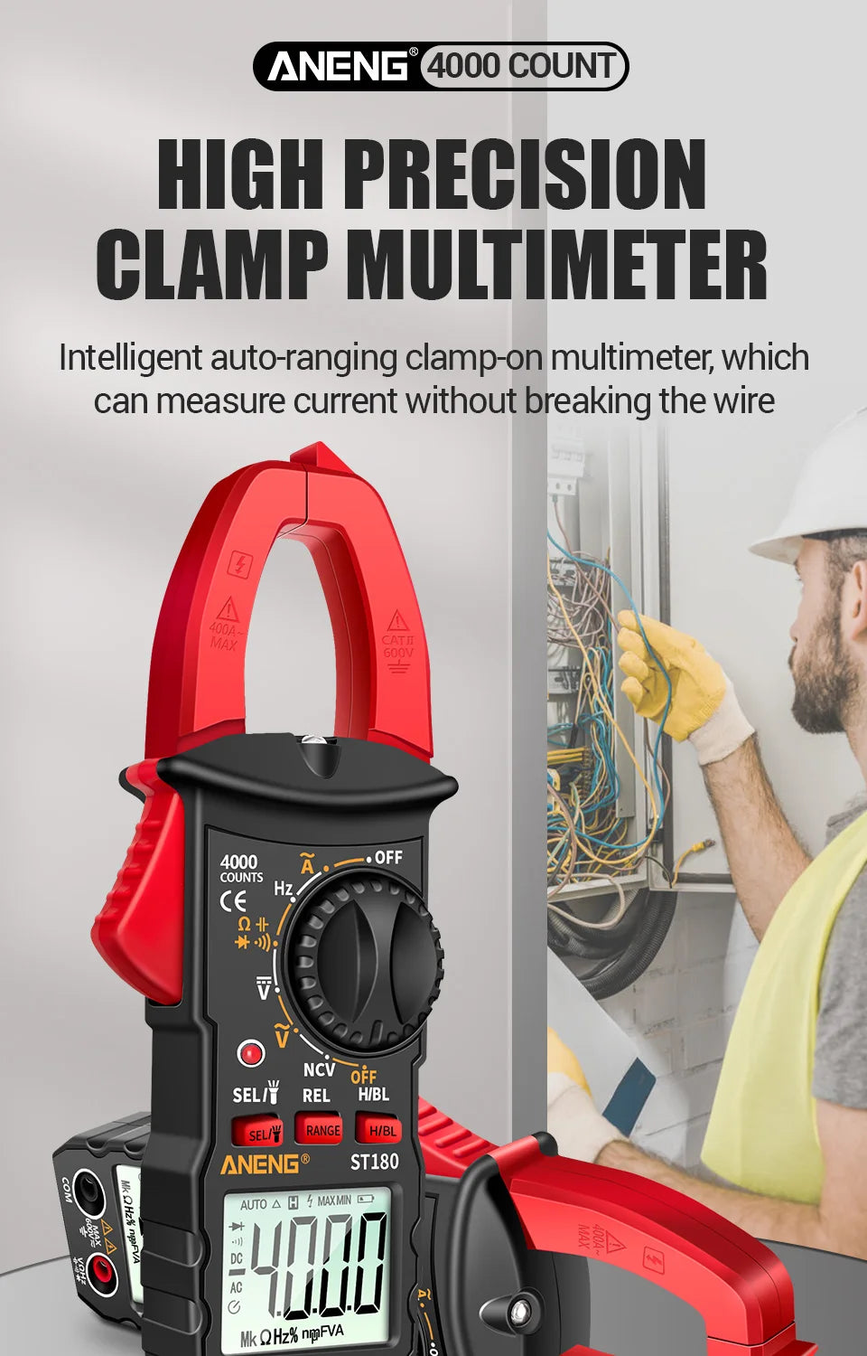 ANENG ST180 AC Current Clamp Meter  Digital 4000 Counts Multimeter Ammeter Voltage Tester Car Amp Hz Capacitance NCV Ohm Tool - Shoppiline