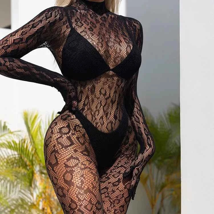 Sexy Lace See Through Bodysuit Long Sleeve Fishnet Jumpsuits Elastic Night Club Jump Suits for Women Sexy Pole Dancing Overalls