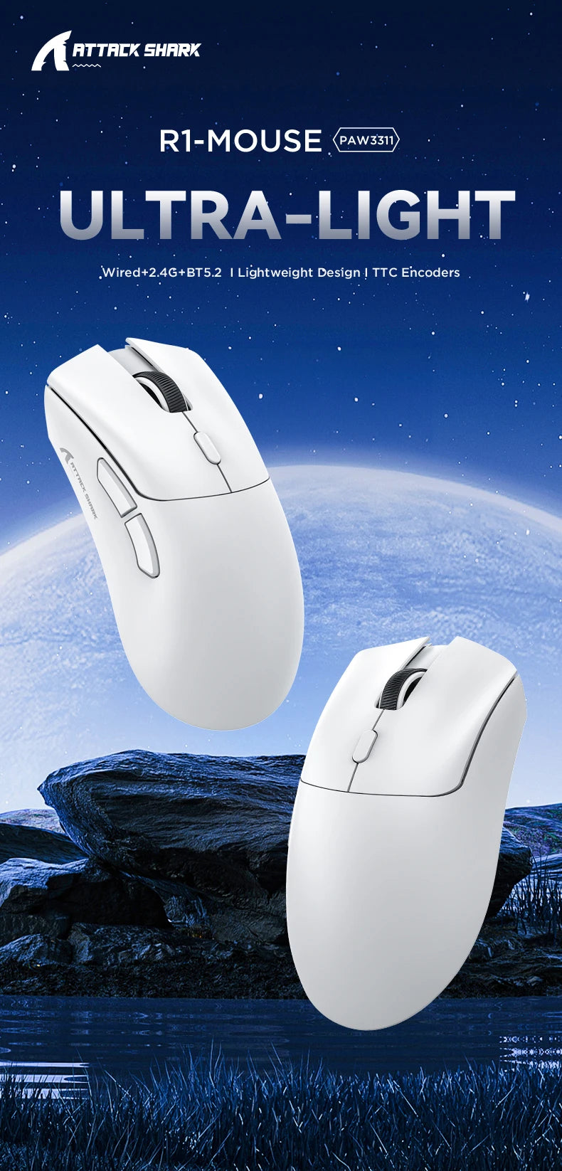 R1 Attack Shark Lightweight Wireless Mouse, 18000dpi,1000Hz PAW3311,Bluetooth Tri-mode Connection, Macro Gaming Mouse @3C1