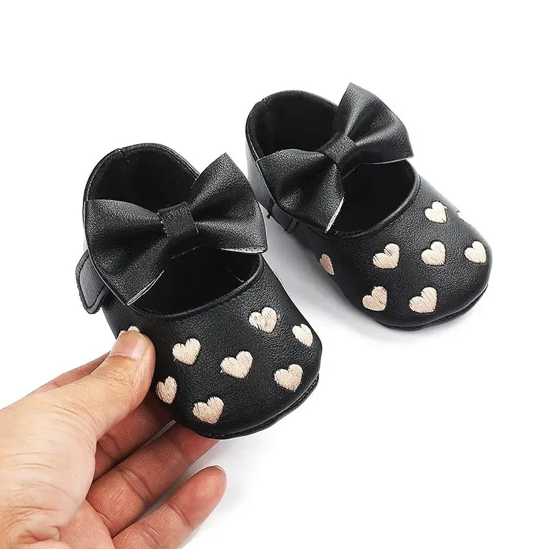 Baby-Mädchen Lauflernschuhe für drinnen 0-18 Monate, weiche Baumwollsohle, rutschfest, mit Schleifenstickerei, Klettverschluss-Schühchen