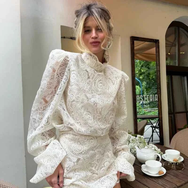 Trendy Lady Hollow Out Lace Mini Dress Elegant 2025 New Long Sleeve Designs Chic High Neck Short Vestidos Autumn Club Night Gown
