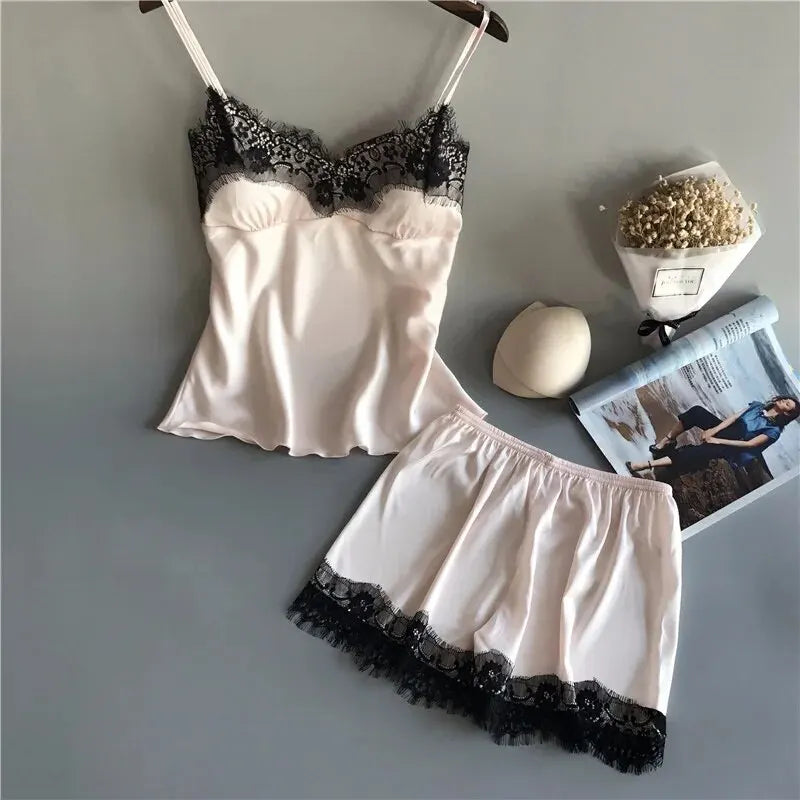 Ensemble de pyjama pour femme, col en V, dentelle, lingerie sexy, shorts de nuit, vêtements de nuit, nouveau