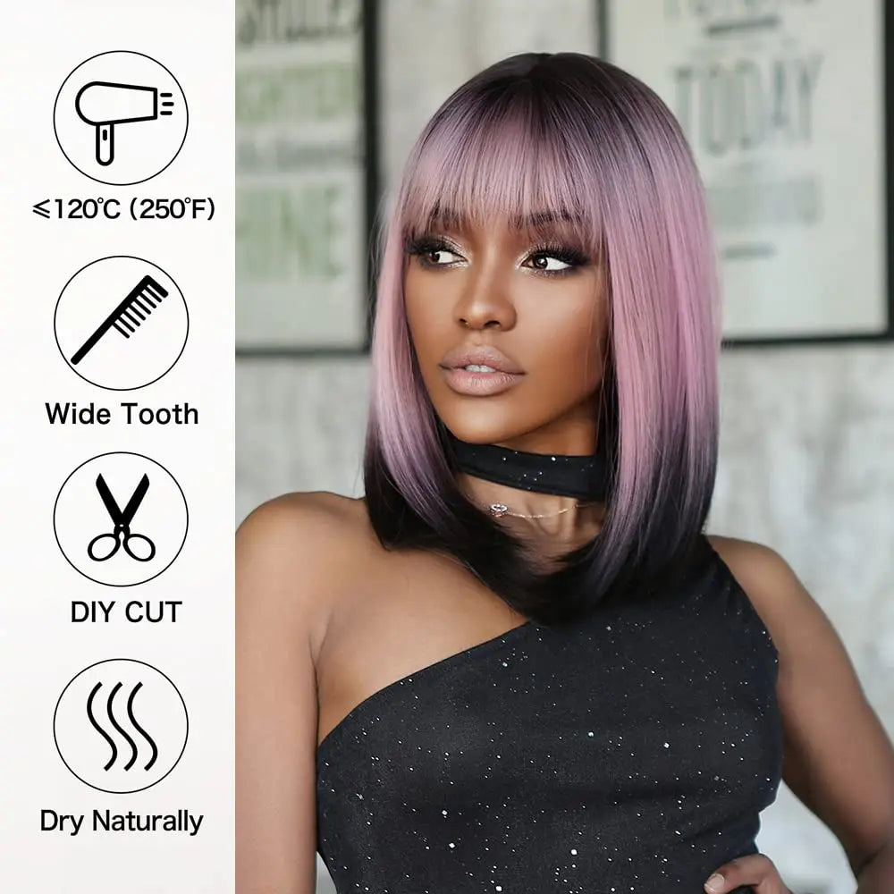 Ombre Pink Black Wigs For Women with Bangs Cosplay Colorful Wigs Synthetic Layered Hair Wigs For Daily Party/Halloween Use