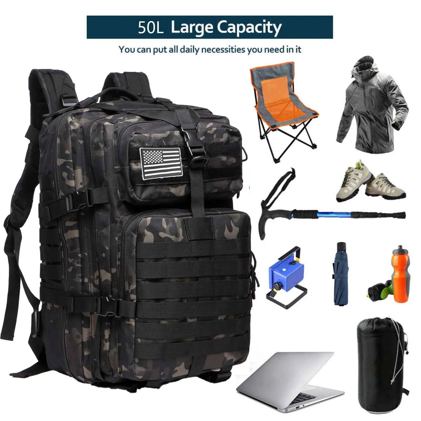 25L/50L Sturdy Nylon Waterproof Tactical Sports Trekking Fishing Hunting Camping Hiking Bag Backpack Outdoor Rucksacks