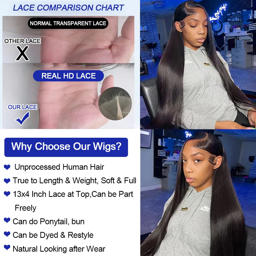 40 Inch Bone Straight Human Hair Wig 13x4 13x6 HD Transparent Lace Wigs Brazilian Full Lace Frontal Wig For Women 300% Density