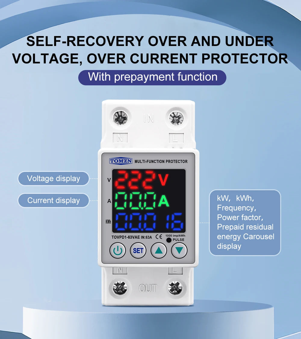 DIN Rail Dual Display Adjustable Over Voltage Current And Under Voltage Protective Device Protector Relay 40A 63A 80A 220V 230V