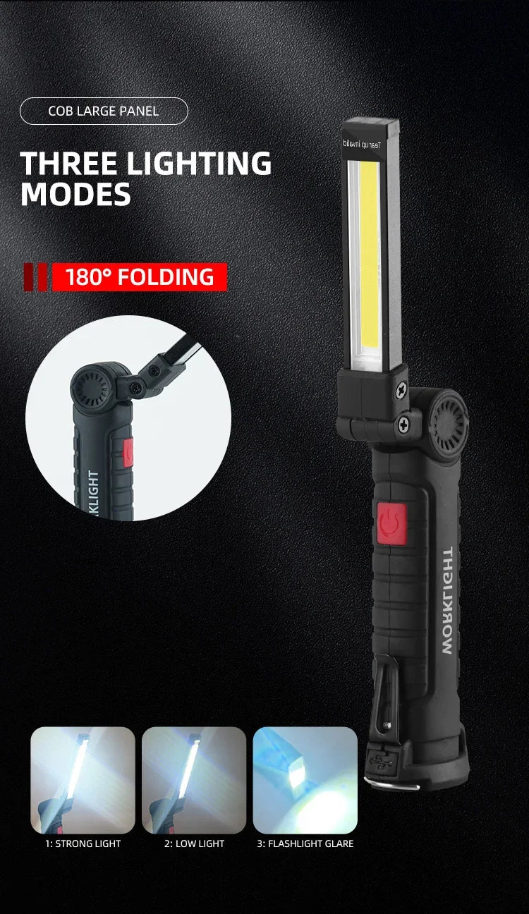 USB Rechargeable LED Camping Flashlight with Magnet And Hook Waterproof Work Light 3 Lighting Modes Suitable for Night Work