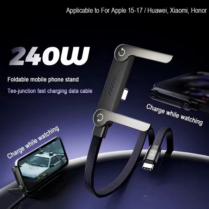 2-IN-1 Type-C Cable Foldable Mobile Phone Holder 240W Fast Charging Data Cable Multifunction Phone Charge Bracket Dual PD cable - Shoppiline