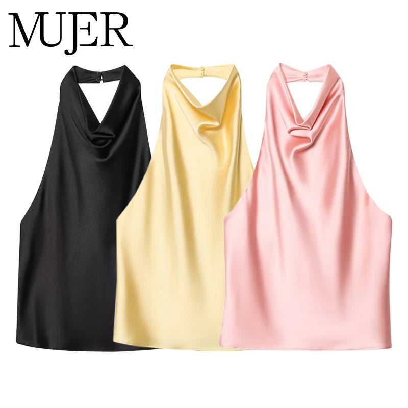 MUJER 2026 Halter Tops for Women Black Satin Backless Top Female Pink Summer Beach Top Woman off Shoulder Camisole Top Women