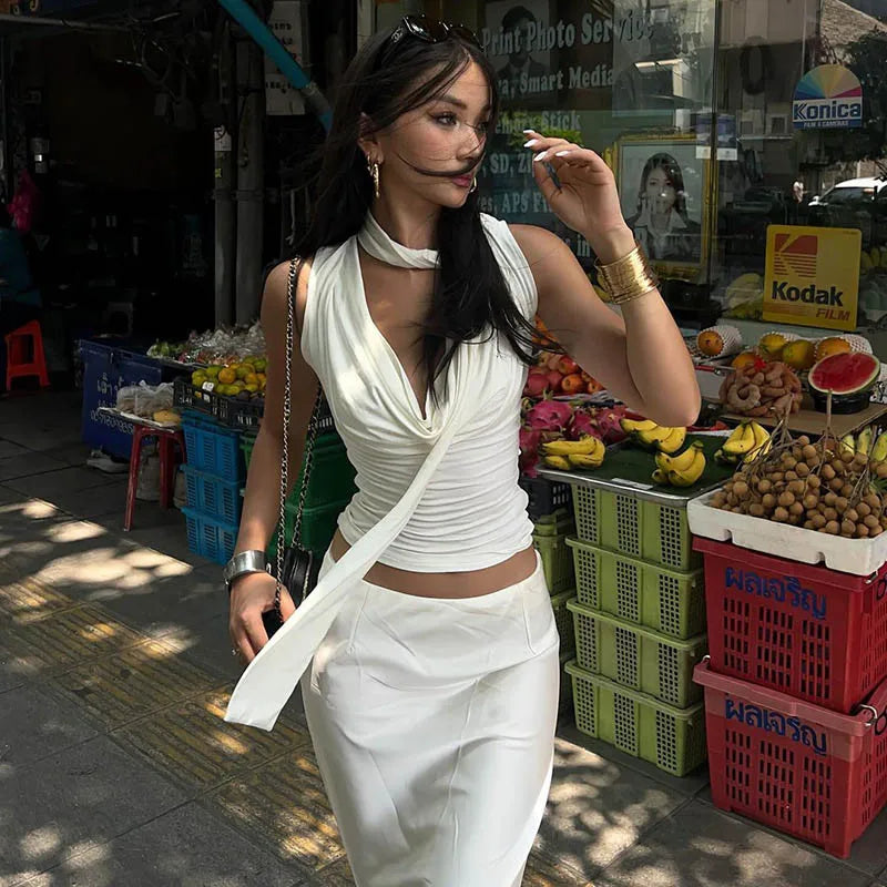 Women's Sexy Sleeveless V-Neck Solid Tank Top Fashion Bandage Streetwear Casual Slim Fit Elegant Knitted Summer Lady's Clothing