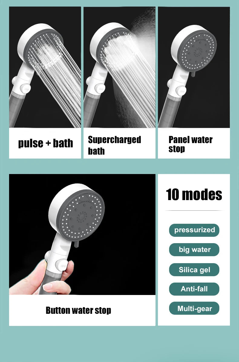 10 Spray High-Pressure Water Saving Filtered Shower Head Handheld Showerhead Fall Resistance Black White Bathroom Shower Nozzle