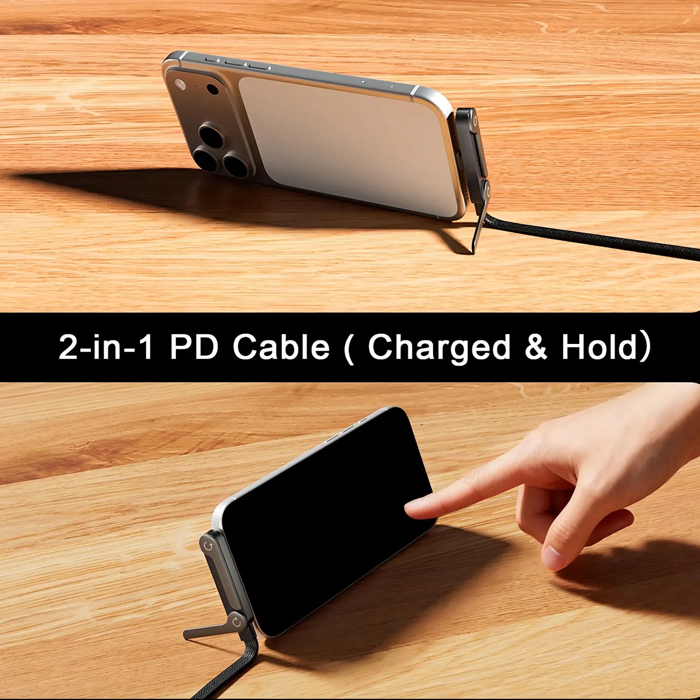 2-IN-1 Type-C Cable Foldable Mobile Phone Holder 240W Fast Charging Data Cable Multifunction Phone Charge Bracket Dual PD cable - Shoppiline