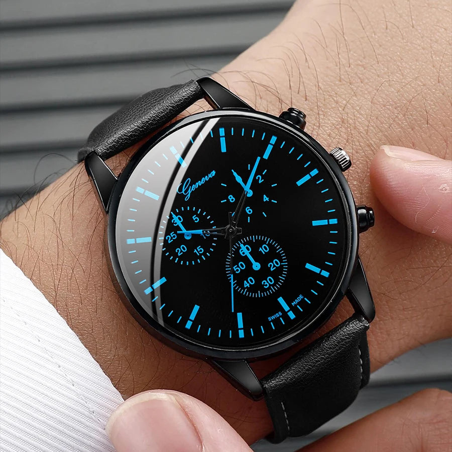 3-teiliges Set Herren Business Uhren Lässiges Lederarmband Analog Quarz Armbanduhr Herren Halskette Armband Set