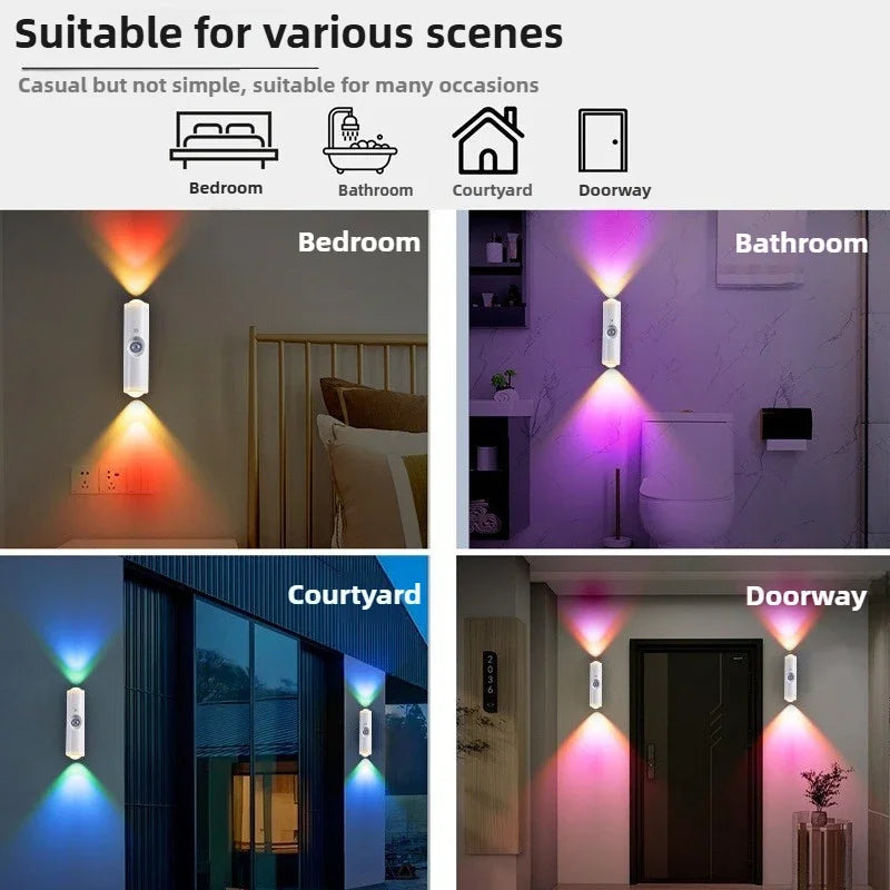 Double-head LED Night Light with Motion Sensor RGB Rechargeable Magnetic Wall Lamp Mood Ambient Light for Cabinet Hallway Stair