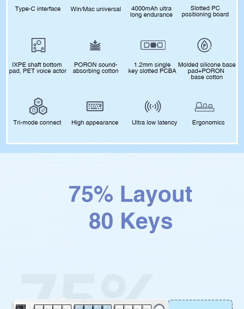 AULA Mechanical Keyboard F75 2.4GWireless/Bluetooth/Wired Gaming Mechanical Keyboard Can Freely Switch Between Game/Office Modes