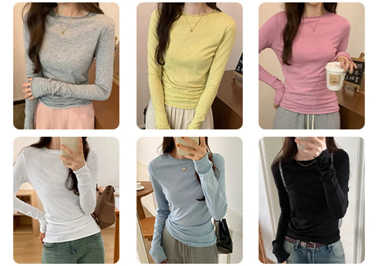 Spring Autumn T shirt Women Tops Solid Long Sleeve Ruched O Neck Tshirts Female Korean Casual Streetwear High Quality Base Tees