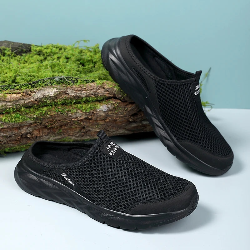 YRZL Mens Half Slippers Summer Breathable Mesh Mens Shoes Outdoor Casual Walking Shoes Large Flat Light Mesh Slippers Sandals - Shoppiline