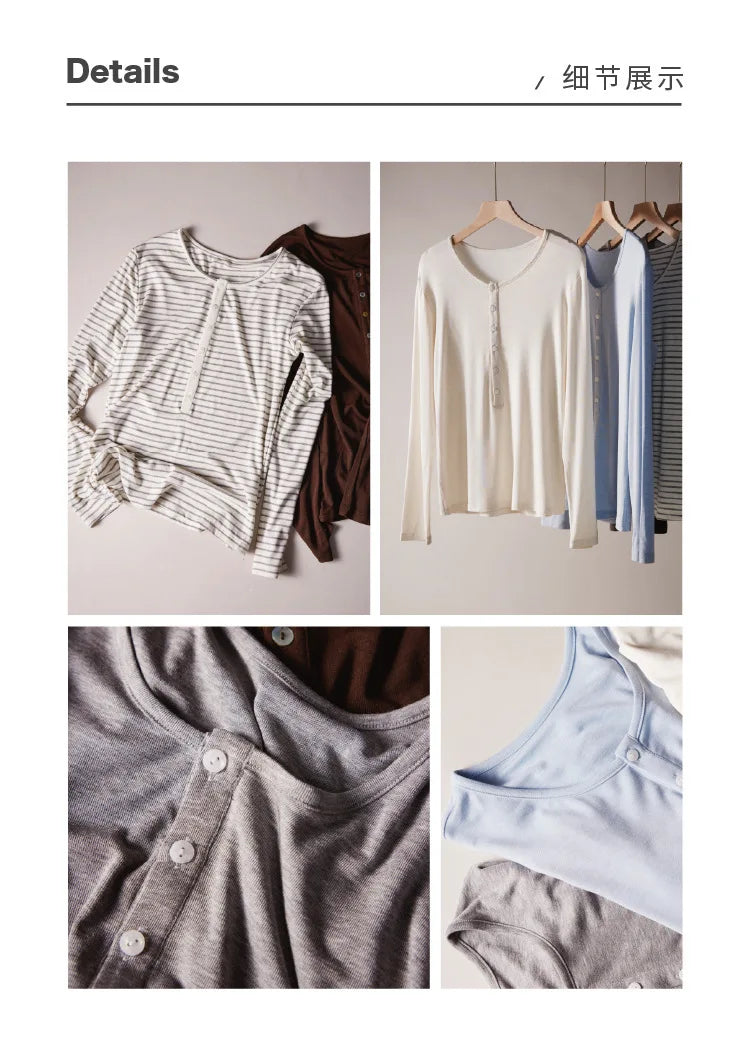 Silk Wool Basic Shirt For Women Autumn Winter Round Button Neck Slim Knitwear, Solid Color Striped Long Sleeve Top
