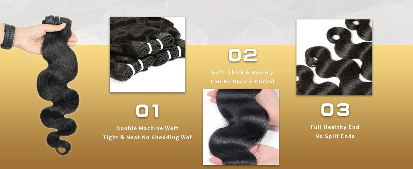 30 32 Inch Full Head Body Wave Bundles 100% Raw Human Hair Weaving Virgin Hair Extensions 1 3 4 Pcs Natural Black Color Double Weft Remy Hair Thick Full Ends Hair Bundles