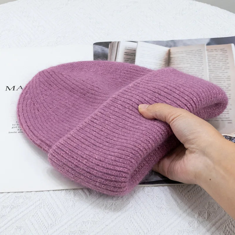 Bonnets d'hiver pour femmes en fourrure de lapin tricotés, bonnets épais à revers, bonnets amples et doux pour le ski.