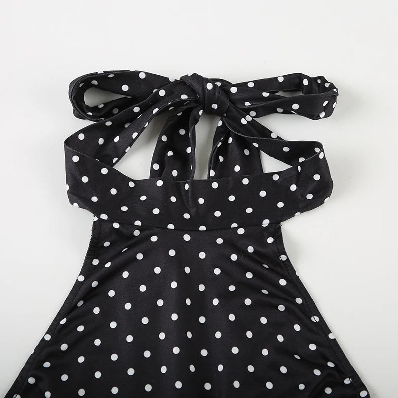 SUCHCUTE Sexy Polka Dot Print Halter Dress For Women Elegant Party Slim Backless Sleeveless Mini Dress Summer Vacation Outfits