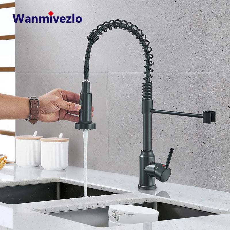 Chrome Spring Pull Down Kitchen Faucets Stream Spray Head Hot Cold Water Tap Stainless steel Rotation Kitchen Mixer Tap Crane - Shoppiline