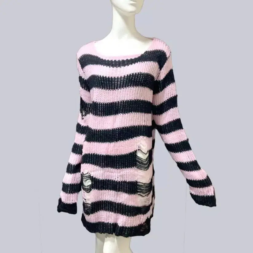 Nouveau Pull Long Unisexe Punk Gothique Été Femme Rayé Cool Creux Trou Cassé Pull Ample Rock Fin Sombre Streetwear Top