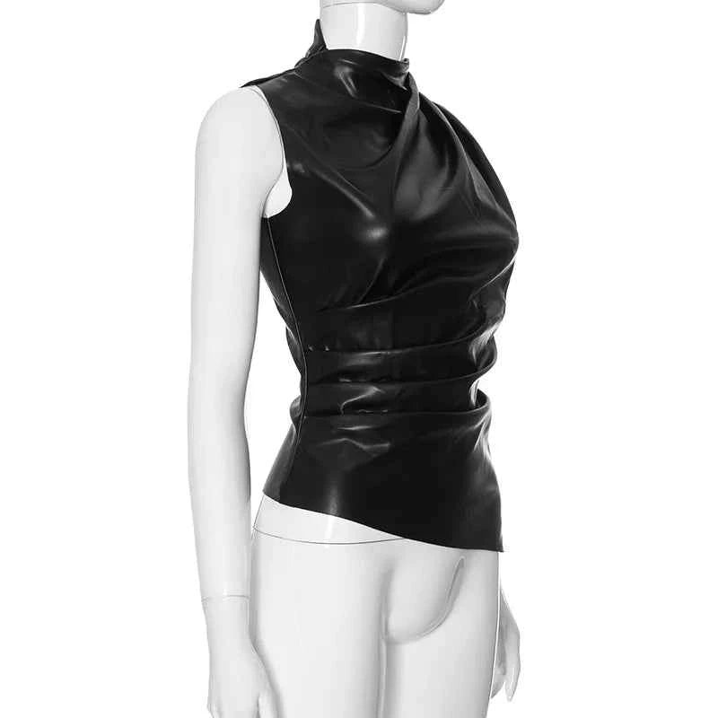 Burgundy Leather Tops Women Fashion Ruched Bodycon Crop Top Summer Sexy Sleeveless Irregular Night Club Party Tanks 2024 Black