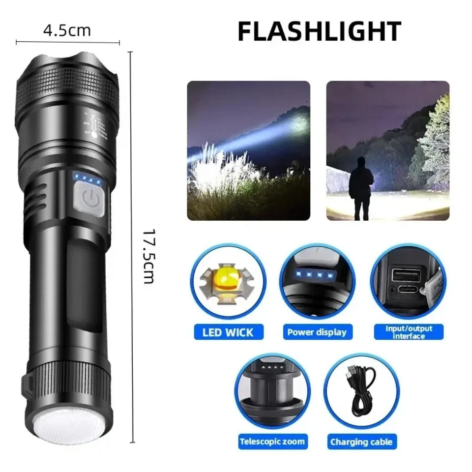 Powerful P70 LED Flashlight Ultra Bright 5000LM Tactical Light with Telescopic Zoom Emergency Spotlight Built-in Battery