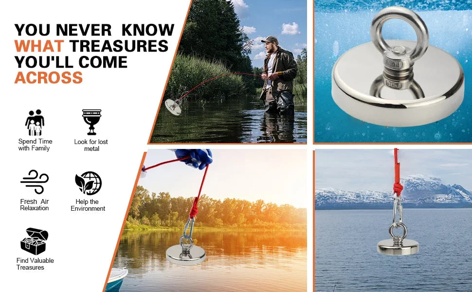 Super Strong Suction Salvage Helper, Made of N52 Heavy Rare Earth Material, with Countersunk Hole and Eyebolt Suction metal
