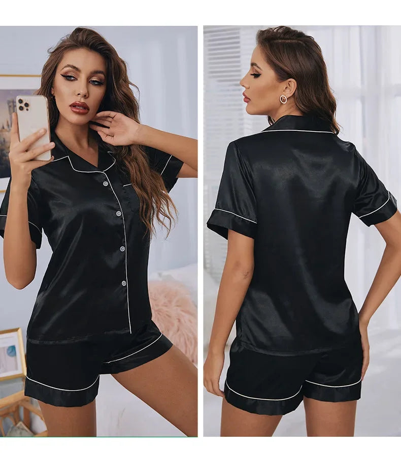 Short Sleeve shorts set ladies home wear women's silk pajamas Ice Silk breathable comfortable top pants set