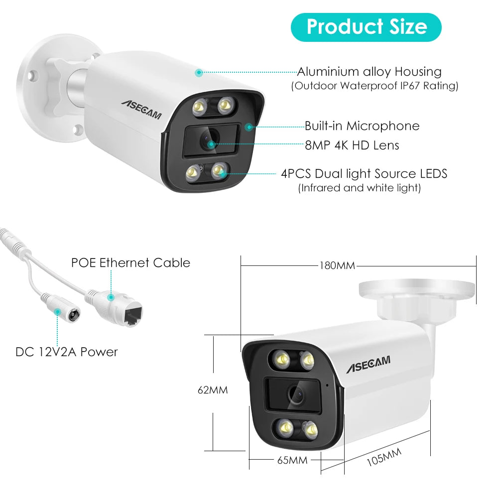 New 4K 8MP IP Camera Audio Outdoor POE H.265 Onvif Metal Bullet Home Color Night Vision Surveillance Camera - Shoppiline
