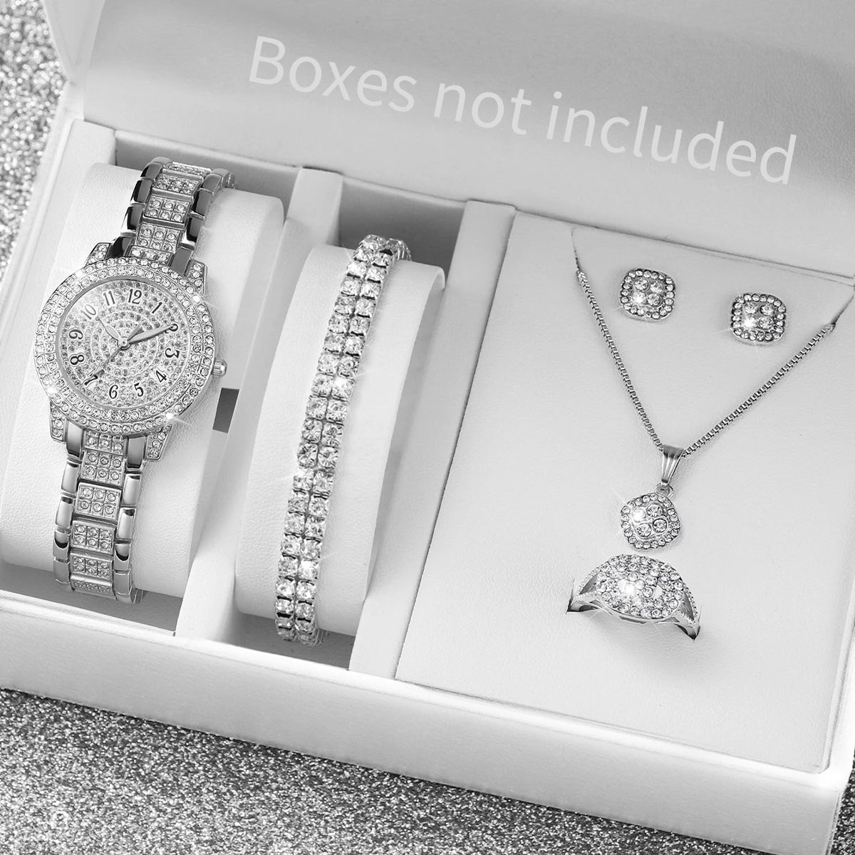 6 STÜCK Mode Volldiamant Damenuhr Gold Stahlarmband Analog Quarz Uhren Schmuckset (ohne Box)