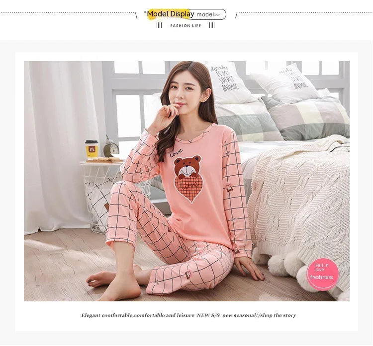2PCS/Set Women Fashion Long-Sleeved Pajamas Autumn Winter Cartoon Love Bear Cute Soft Loose Casual Omfortable Outside Homewear