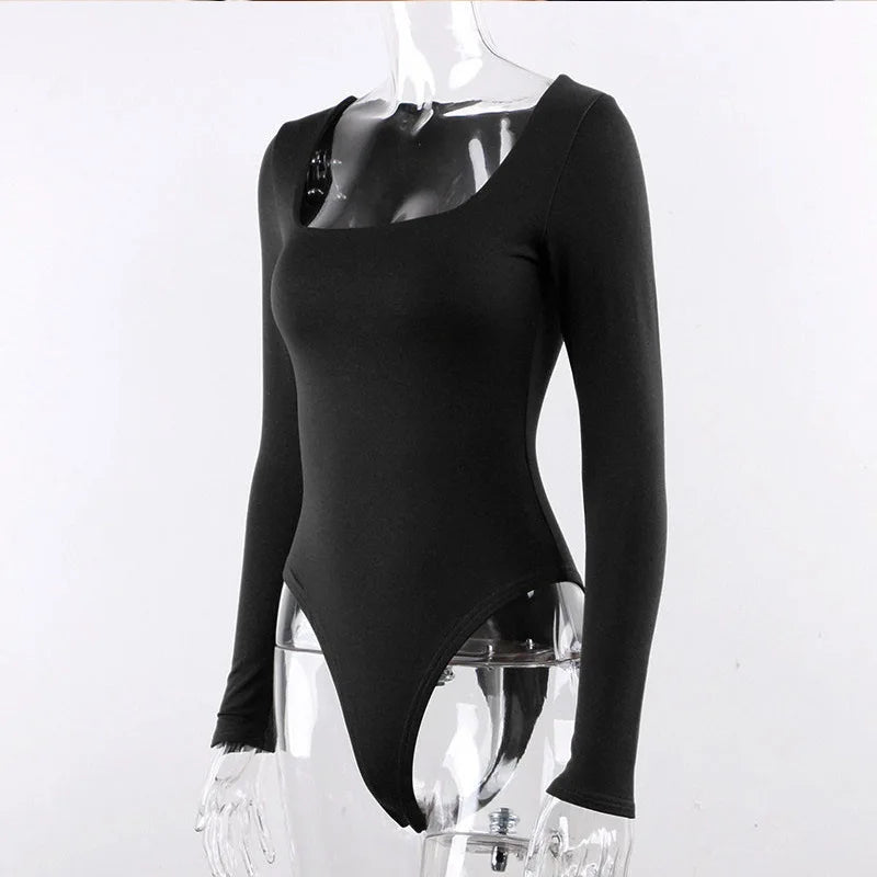 Long Sleeve Bodysuits Spring 2025 Square-Cut Collar Solid Bodycon Elastic Romper Sexy Y2k Women Clothing Fashion Club Party 2520