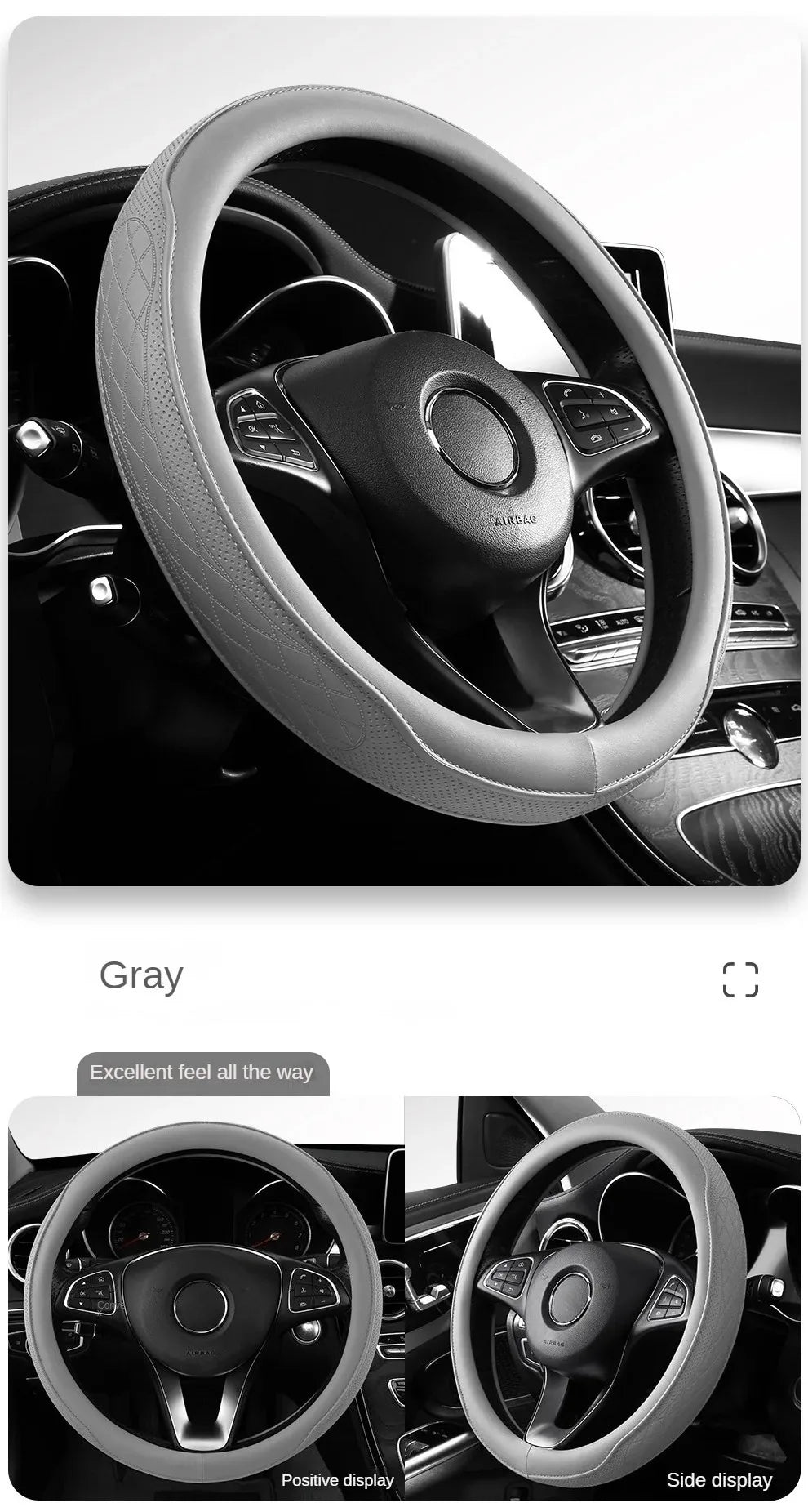 Embossed PU Leather Patchwork Car Steering Wheel Cover, Non-slip, Breathable, Universal 15 Inch (Approx. 38cm)