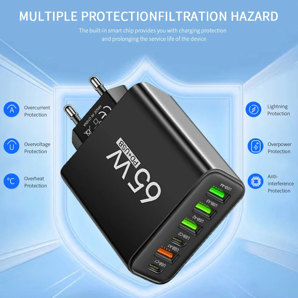 65W 6 in 1 USB Charger Type C Fast Charging Phone Wall Charger Adapter For iPhone Samsung Xiaomi Huawei EU/US Plug Quick Charger
