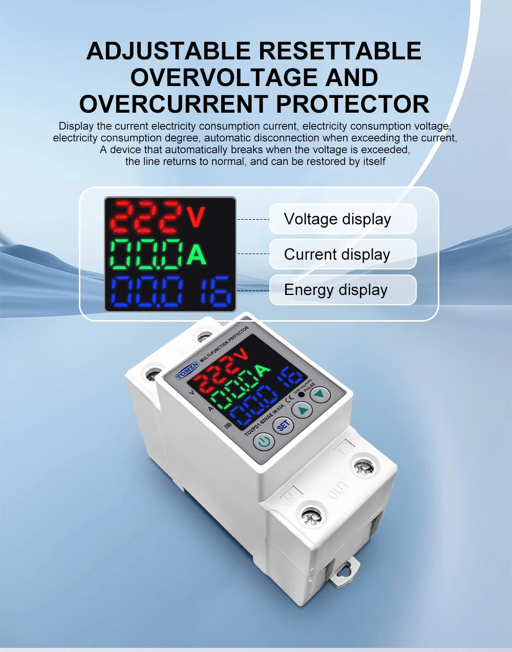 DIN Rail Dual Display Adjustable Over Voltage Current And Under Voltage Protective Device Protector Relay 40A 63A 80A 220V 230V