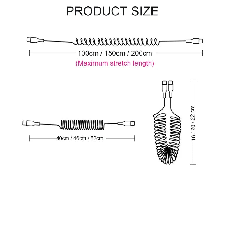 Fast Charging Type C to Type C Spring Telescopic Cable For iPhone 15 14 Samsung Xiaomi OnePlusCar USB Type C 66W & LIGHTNING PD