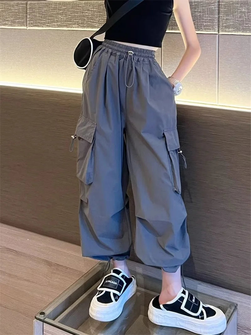 Girls Loose Joggers Pants Teen Casual Straight Cargo Trousers Fashion Children Pockets Design Streetwear Big Kids Pants 5-14 Yea