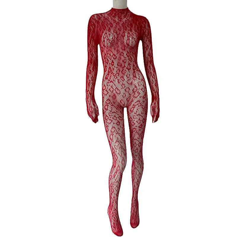Sexy Lace See Through Bodysuit Long Sleeve Fishnet Jumpsuits Elastic Night Club Jump Suits for Women Sexy Pole Dancing Overalls
